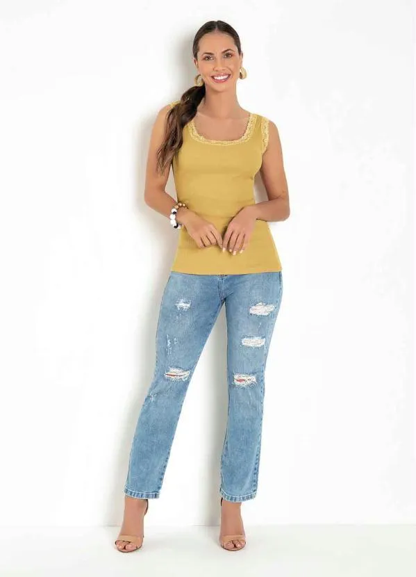 Moda Pop - Regata em Ribana Mostarda com Renda 3