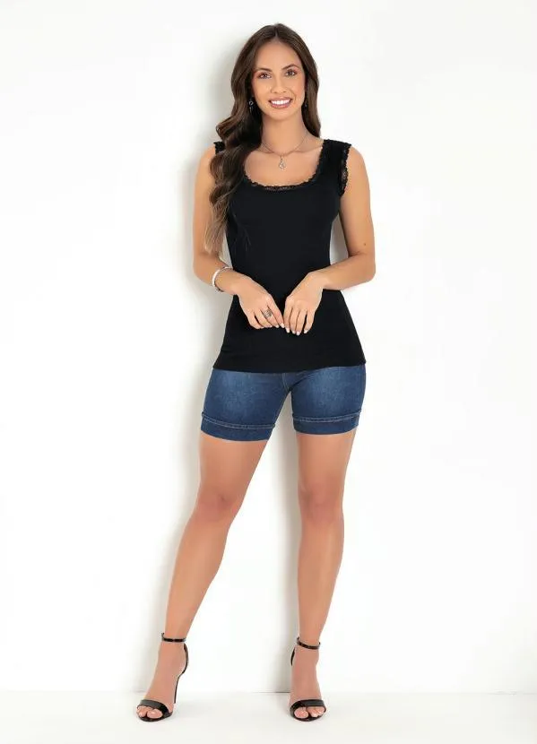 Moda Pop - Regata em Ribana Preta com Renda 3