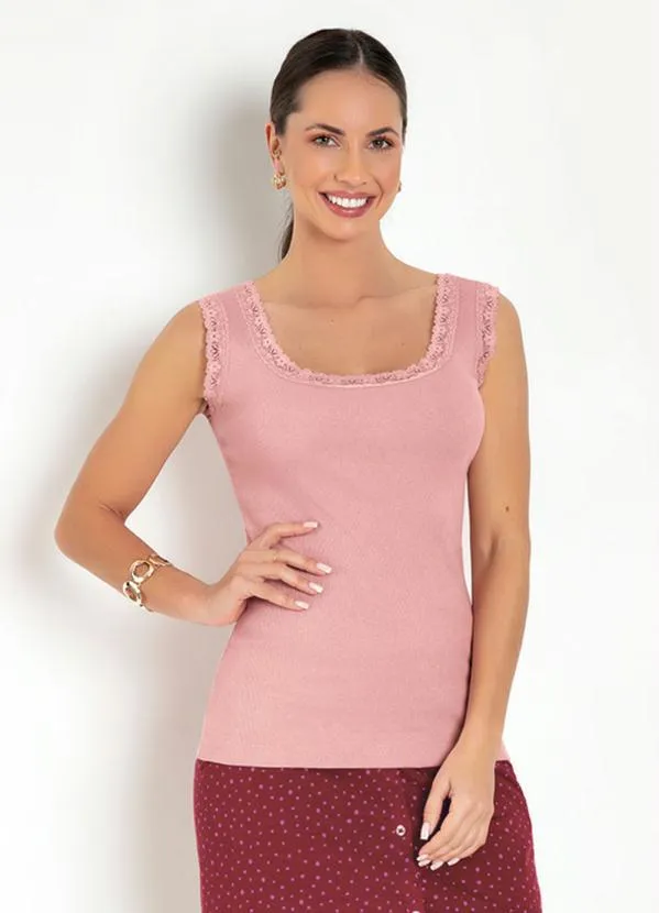 Moda Pop - Regata em Ribana Rosa com Renda