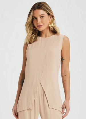 Marialícia - Regata Feminina Alongada com Transpasse Bege - MARIALÍCIA