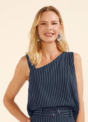 Marialícia - Regata Feminina Assimétrica Listrada Azul - MARIALÍCIA