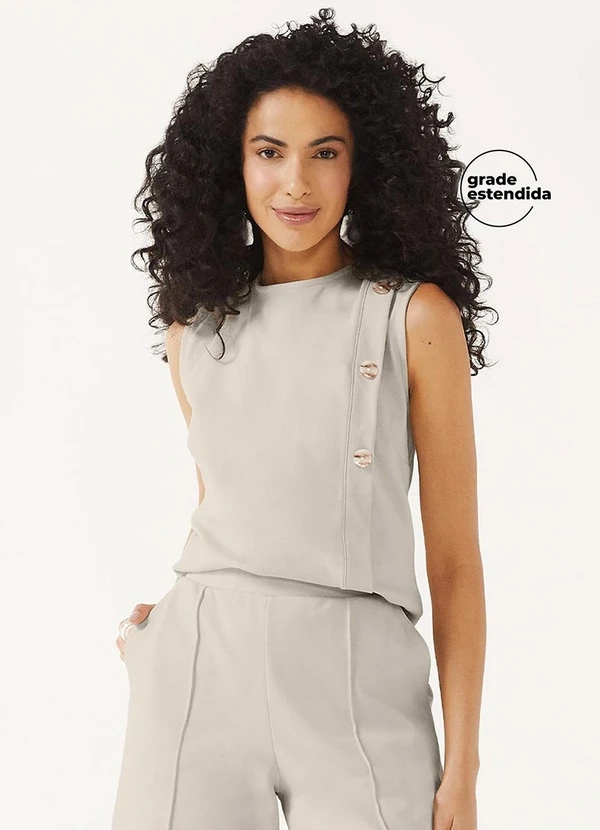 Marialícia - Regata Feminina Botões Decorativos Bege