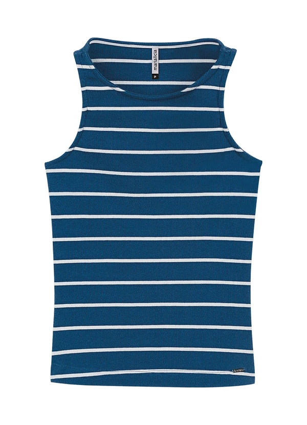 Marialícia - Regata Feminina Canelada Listras Azul