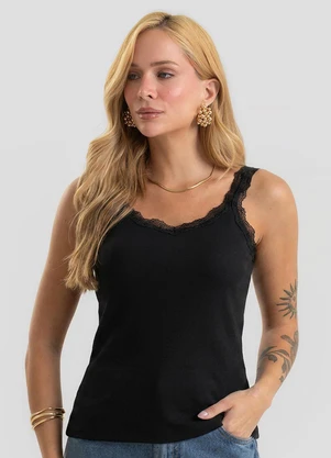 Dianna - Regata Feminina em Ribana Canelada e Renda Preto - DIANNA