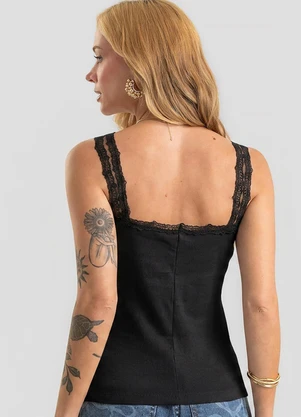 Dianna - Regata Feminina em Ribana Canelada e Renda Preto - DIANNA