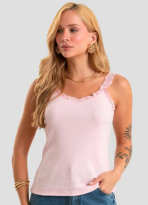 Dianna - Regata Feminina em Ribana Canelada e Renda Rosa - DIANNA