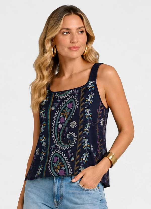 Rovitex - Regata Feminina Estampada em Malha Delicate Azul