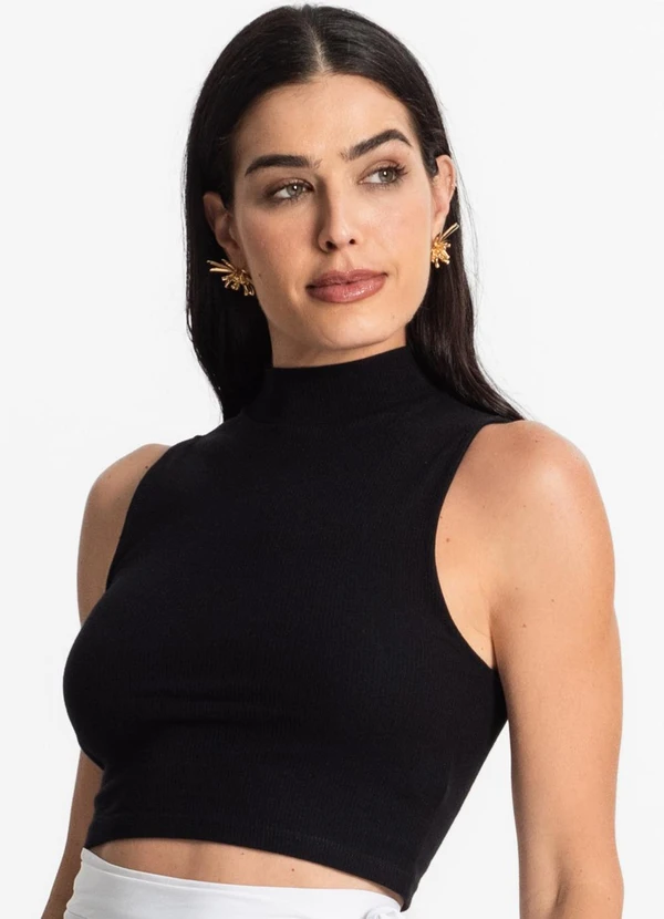 Select - Regata Feminina Gola Alta Canelada Preto