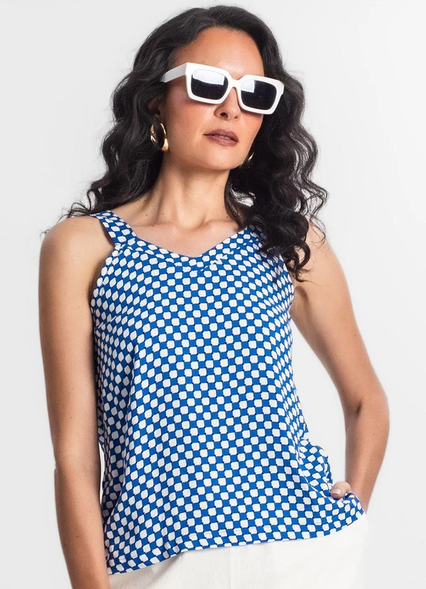 Infinita Cor - Regata Feminina Quadriculada Azul