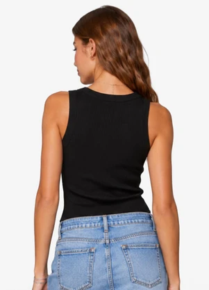 Minty - Regata Feminina Ribana Canelada com Strass Preto - MINTY