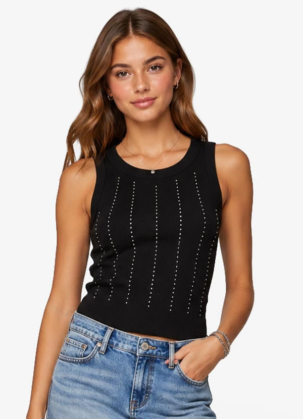 Minty - Regata Feminina Ribana Canelada com Strass Preto