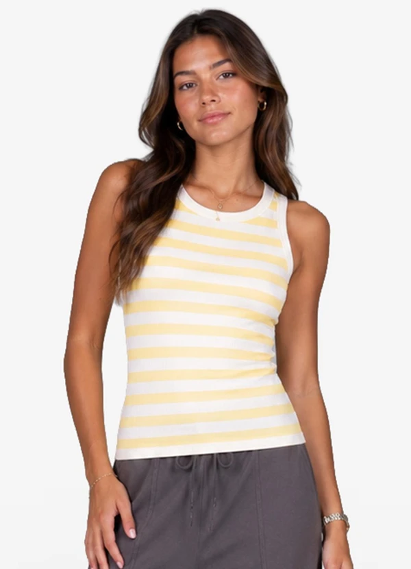 Minty - Regata Feminina Ribana Canelada Listrada Amarelo