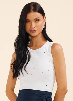 Marialícia - Regata Feminina Strass Ribana Branco - MARIALÍCIA
