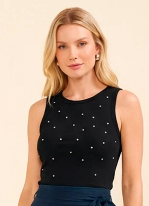 Marialícia - Regata Feminina Strass Ribana Preto - MARIALÍCIA