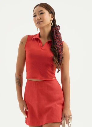 Cativa - Regata Gola Polo em Tecido Texturizado Vermelho - CATIVA