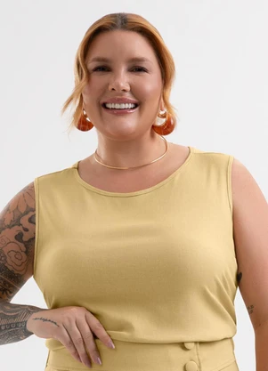 Cativa - Regata Plus Size em Tecido com Linho Amarelo - CATIVA