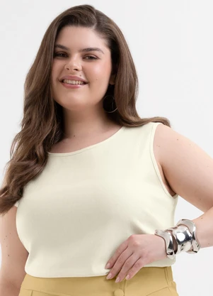 Cativa - Regata Plus Size em Tecido com Linho Bege - CATIVA