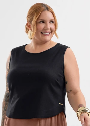 Cativa - Regata Plus Size em Tecido com Linho Preto - CATIVA