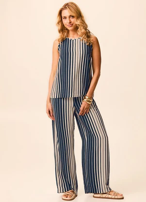 Malwee - Regata Regular Listrada em Viscose Azul Marinho - MALWEE
