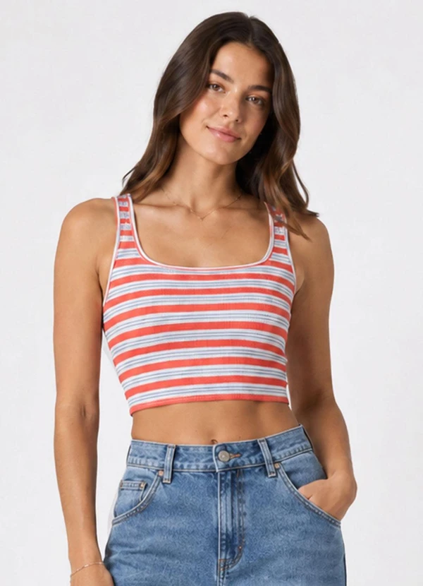 Infinita Cor - Top Feminino em Malha Trix Listrado Laranja