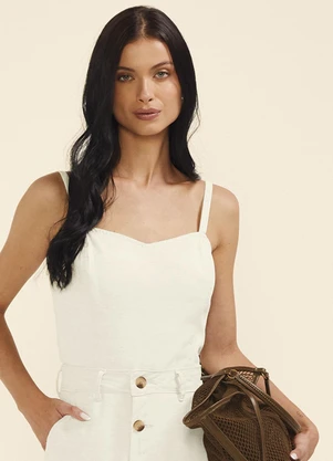 Marialícia - Top Feminino Linho Decote Coração Bege - MARIALÍCIA