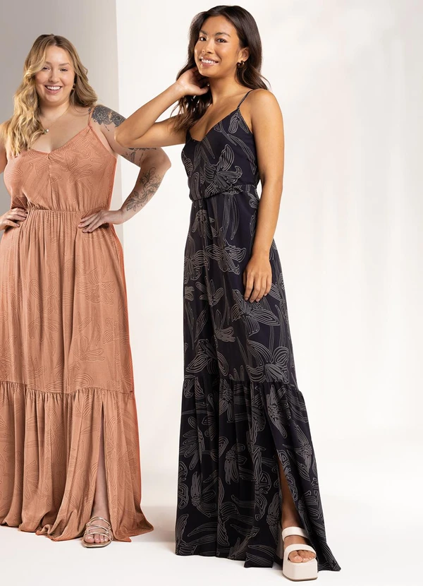 Marialícia - Vestido Estampado Longo Marialícia Preto