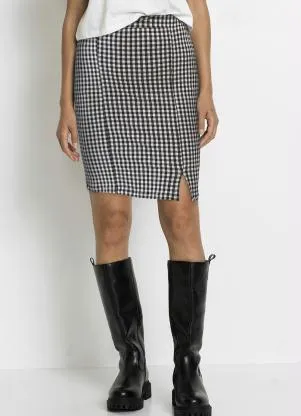 bonprix - Saia com Fenda Xadrez Preto e Branco - BONPRIX