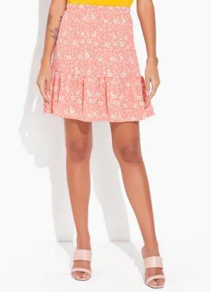 Moda Pop - Saia Curta com Babado na Barra Floral Salmão - MODA POP