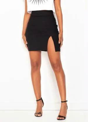 Forum - Saia Curta com Fenda e Brilho Preto - FORUM