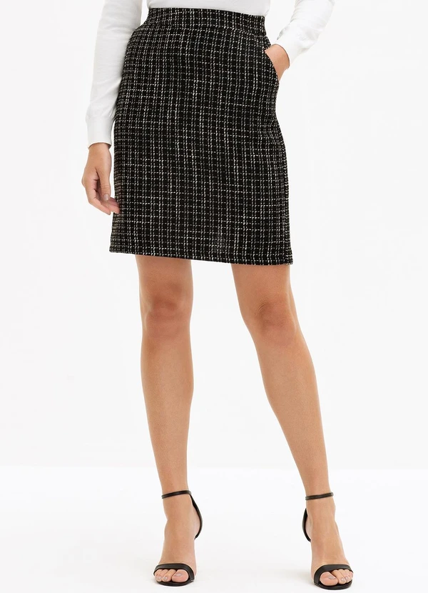 Principessa - Saia Curta de Tweed Xadrez Preta e Off White Cendi 1