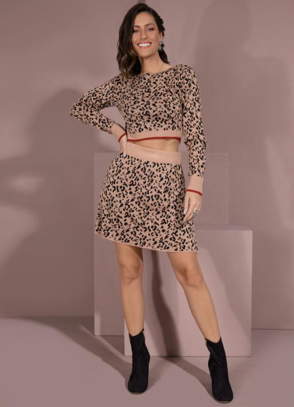 Outlet - Saia Curta em Tricô Evasê Onça 4