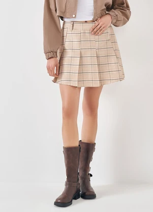 Sofie - Saia Curta Plissada em Alfaiataria Xadrez Marrom - SOFIE