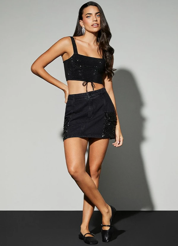 Authoria - Saia de Sarja Black com Bolso de Paetê Preto 3