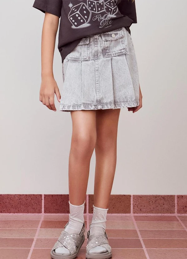Authoria - Saia Denim com Pregas Cinza
