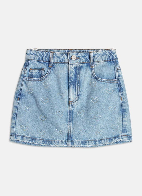 Authoria - Saia Denim com Strass de Coração  Azul