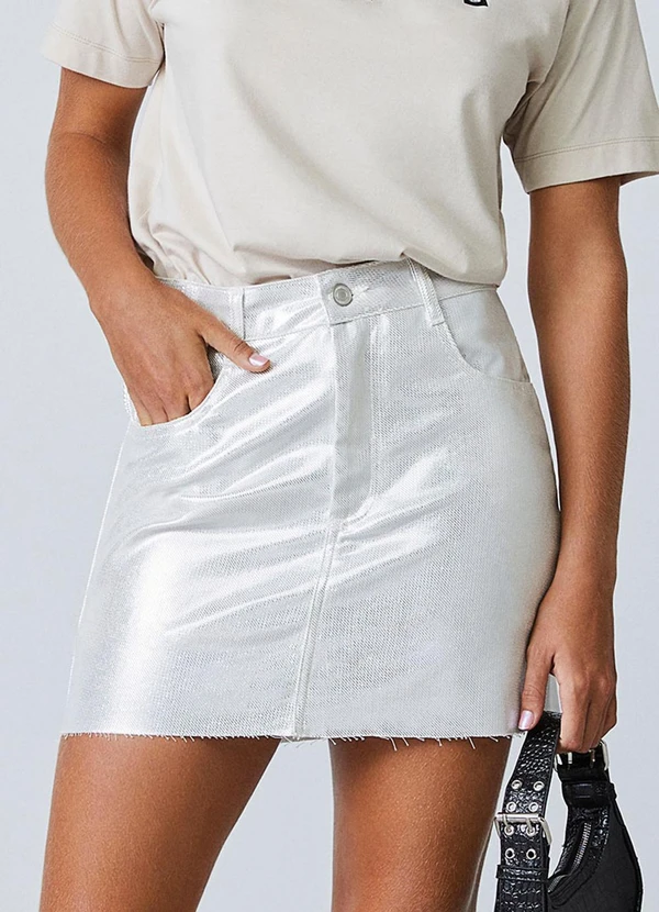 Authoria - Saia em Sarja Branca com Foil Prata