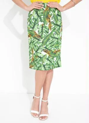 Queima Estoque - Saia Folhas Verde com Elástico - QUEIMA ESTOQUE