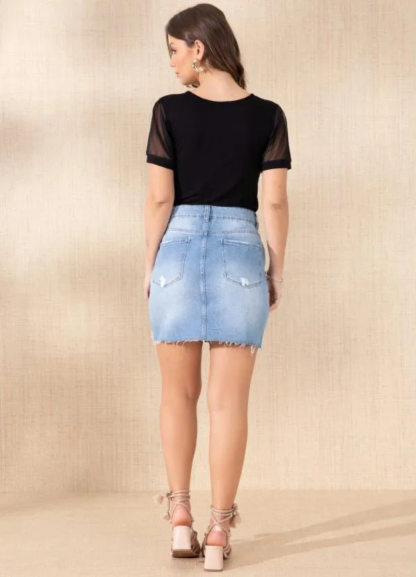 Quintess - Saia Jeans Azul Claro com Bordado 4