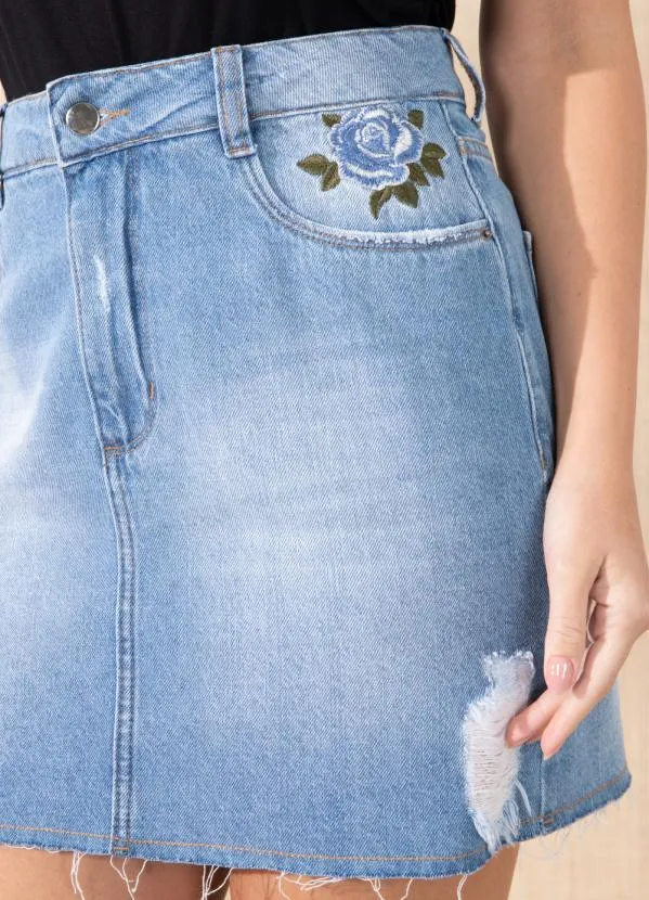 Quintess - Saia Jeans Azul Claro com Bordado 6