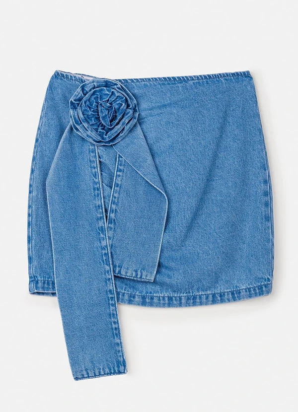 Authoria - Saia Jeans com Patch de Flor Azul 5