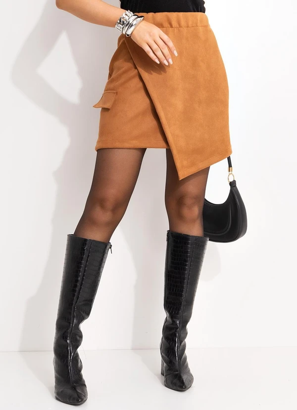 Quintess - Saia Marrom em Malha Suede