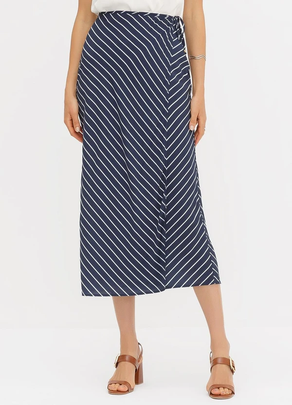 Principessa - Saia Pareô Longuete em Viscose Listrada Marinho Penelope