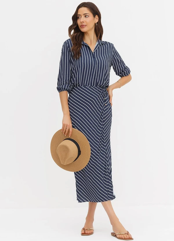 Principessa - Saia Pareô Longuete em Viscose Listrada Marinho Penelope 5