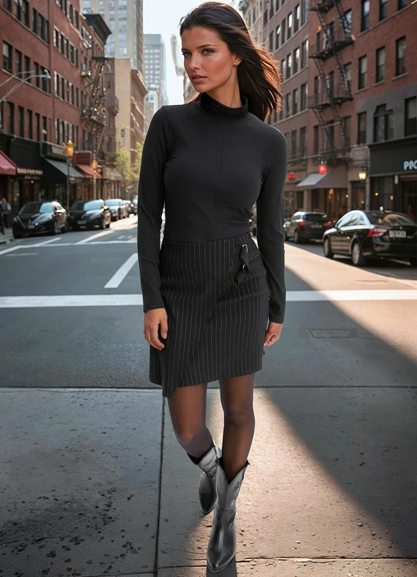 bonprix - Saia Preta em Alfaiataria Risca de Giz 3