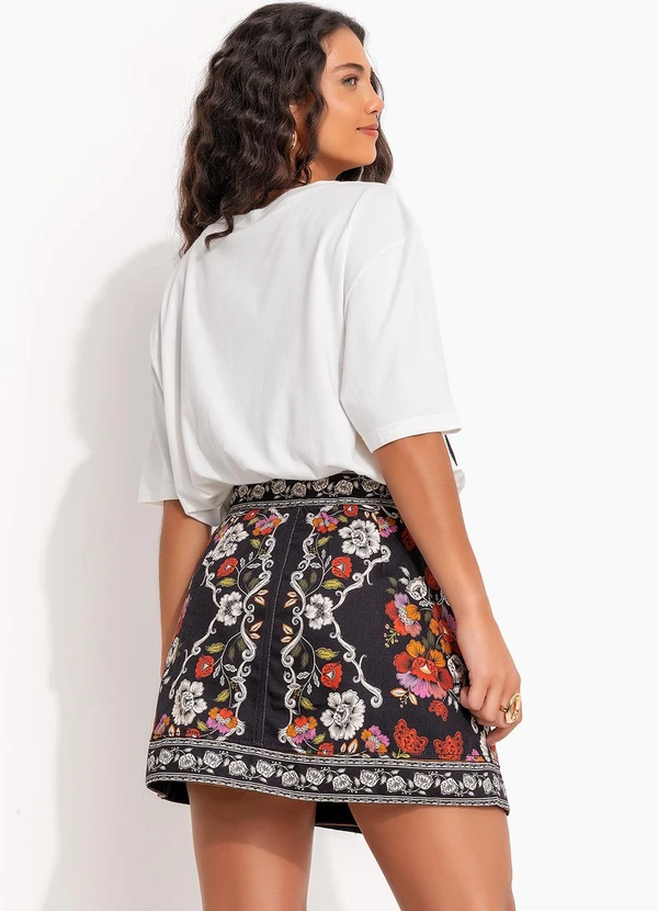 Farm - Saia Sarja Flor de Fita Preto 4