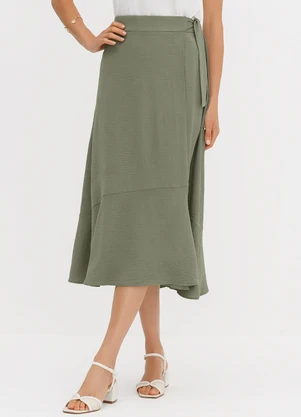 Principessa - Saia Transpassada Longuete em Crepe Verde Oliva Quesia - PRINCIPESSA