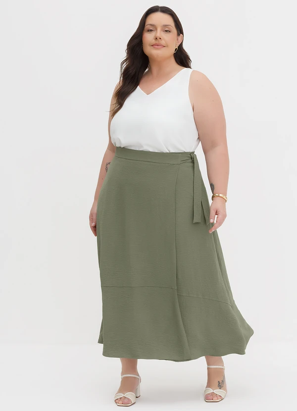 Principessa - Saia Transpassada Longuete em Crepe Verde Oliva Quesia 10