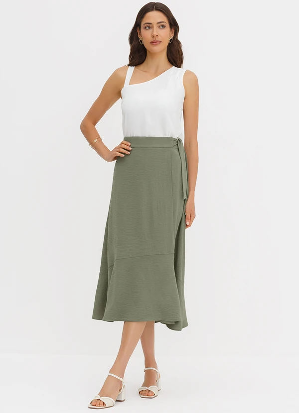 Principessa - Saia Transpassada Longuete em Crepe Verde Oliva Quesia 3