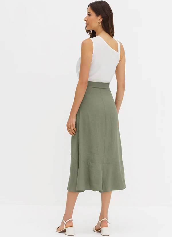 Principessa - Saia Transpassada Longuete em Crepe Verde Oliva Quesia 4