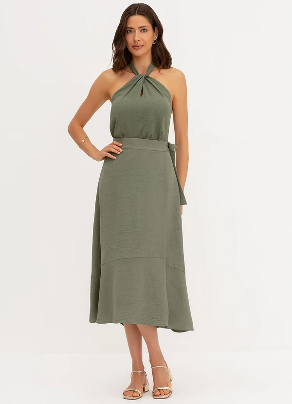 Principessa - Saia Transpassada Longuete em Crepe Verde Oliva Quesia 5